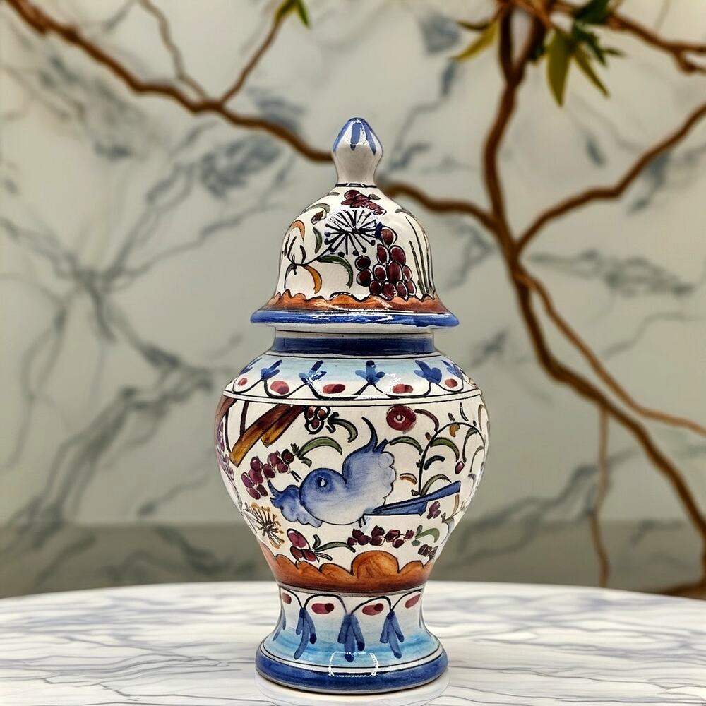Berardos Portugal Majolica Ginger Jar Hand Painted Chinoiserie Floral Bird